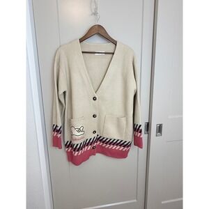 EnC Beige Embroidered Cat "Euphoria" Cardigan Sweater Size Medium